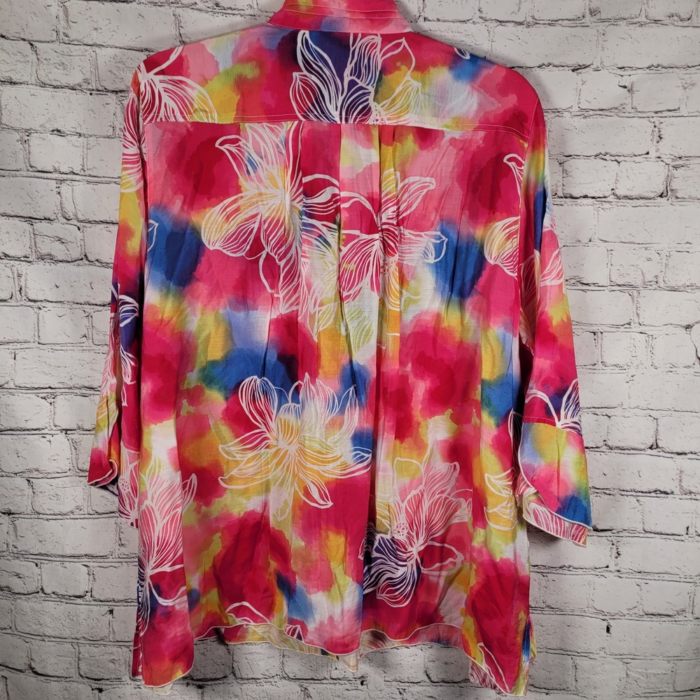 Multiples Button Down Shirt Women 2X Multi Color Excellent Watercolor Floral 3/4